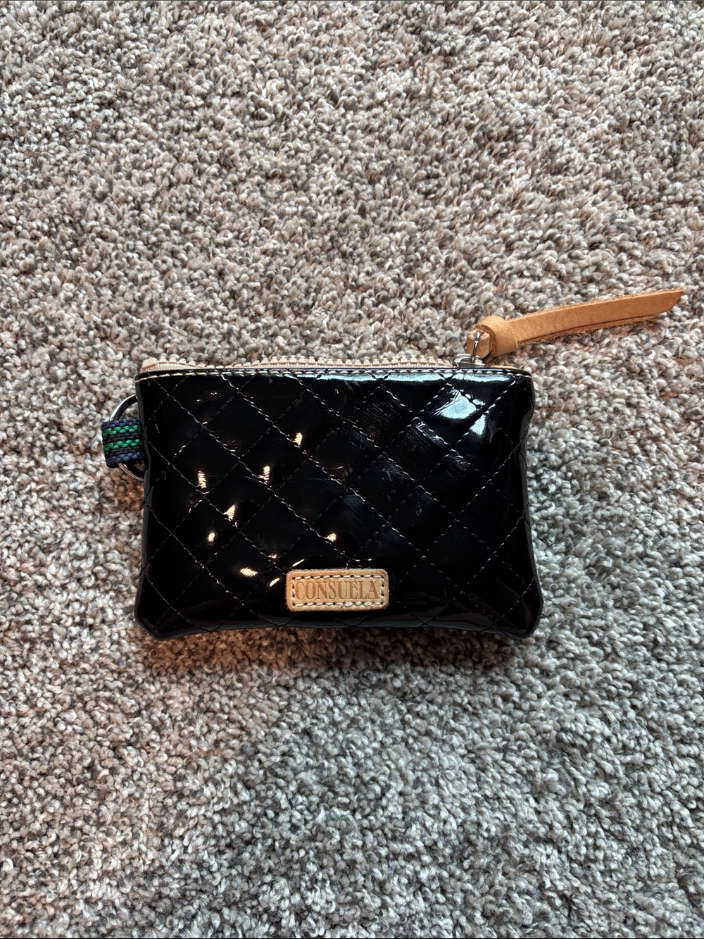 Consuela Black Quilted Patent Wristlet with Tan Strap
